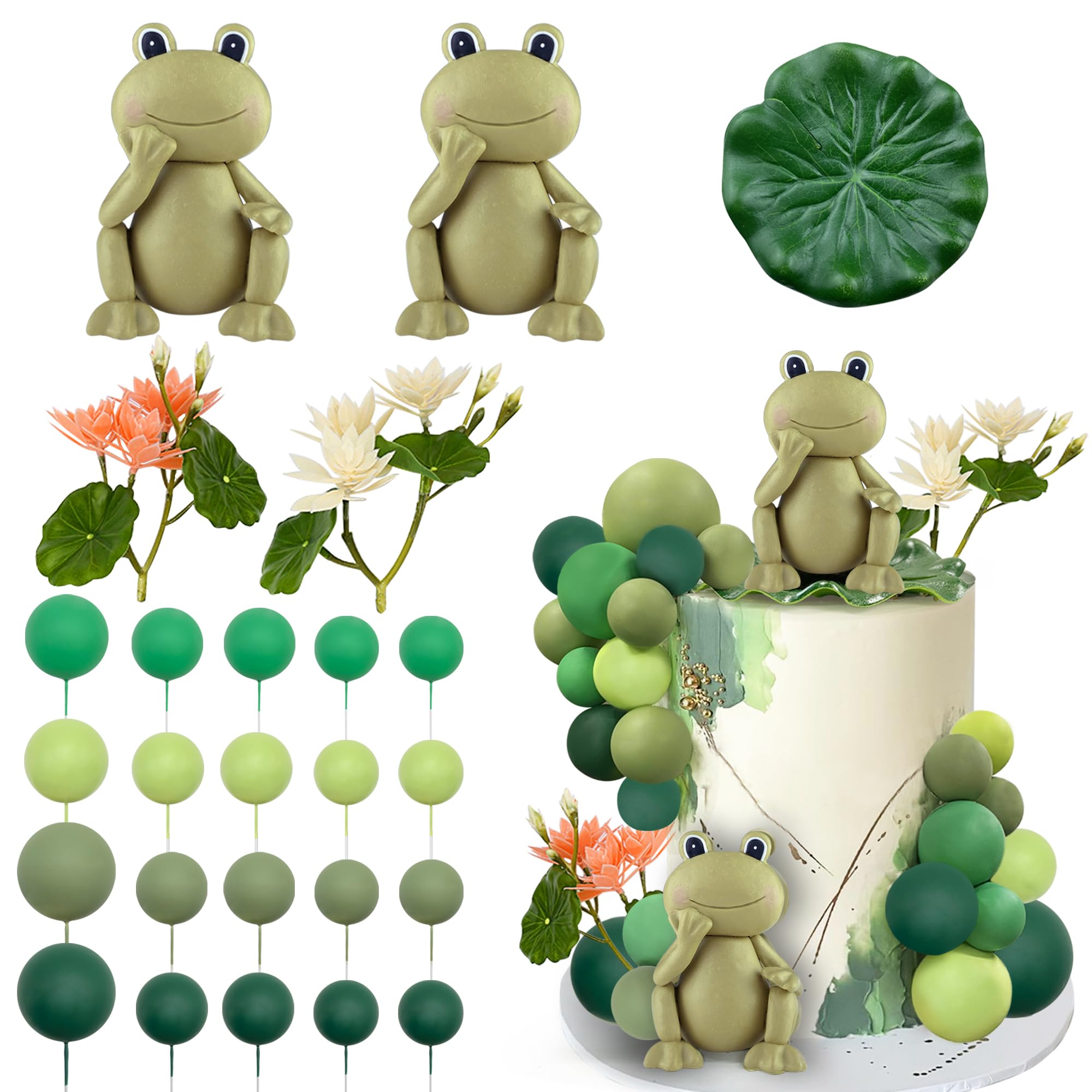 25 PCS Frog Cake Topper Frog Cake Decorations Ball Cake Topper for Boys Girls Frog Birthday Rainforest Party Decoration